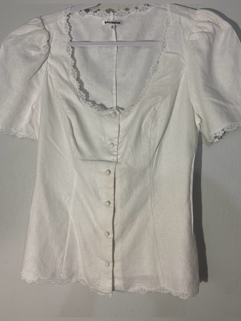 Reformation Annabella top linen White Lace-Trim Puff Sleeve Blouse size 10 - Picture 7 of 9